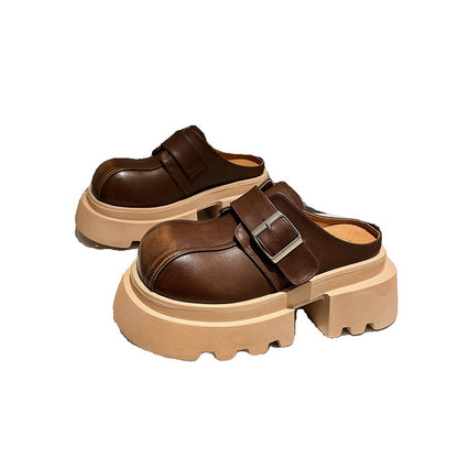 Genuine leather metal buckle thick sole women's sandals slippers