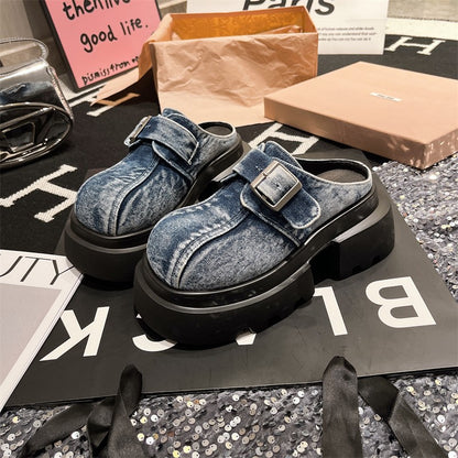 Belt buckle denim platform thick sole big slip-on slippers sandals