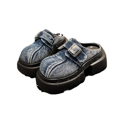 Belt buckle denim platform thick sole big slip-on slippers sandals