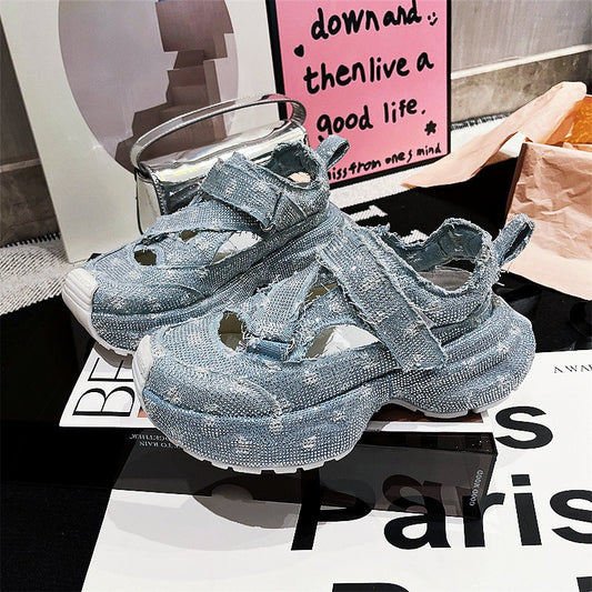 Shoes Women's denim rhinestone thick sole sponge summer sandals