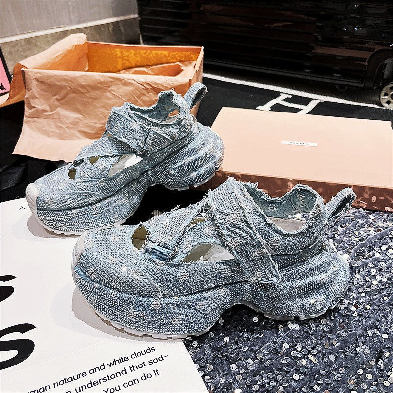 Shoes Women's denim rhinestone thick sole sponge summer sandals