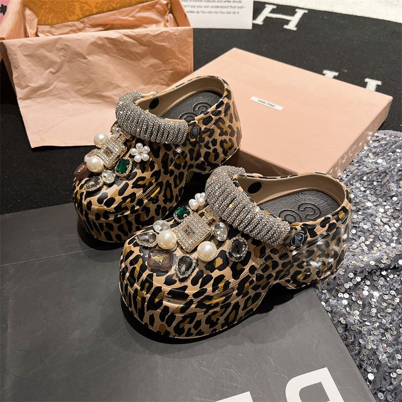 Leopard Crocs Water Diamond Baotou Slippers for Women