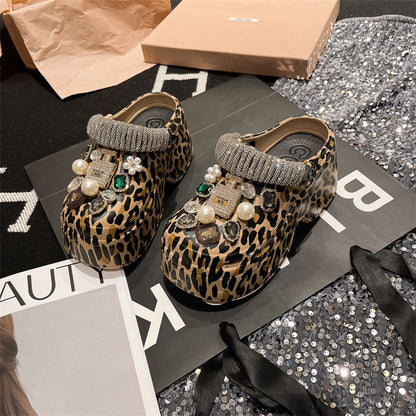 Leopard Crocs Water Diamond Baotou Slippers for Women