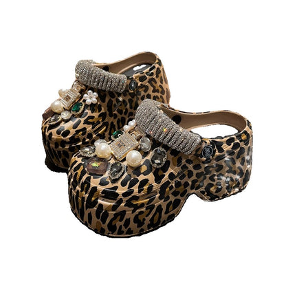 Leopard Crocs Water Diamond Baotou Slippers for Women