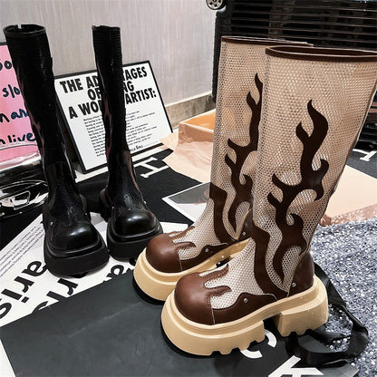 Long Women Martin Boots Summer Genuine Leather Flame Smoke Pipe Boots Breathable