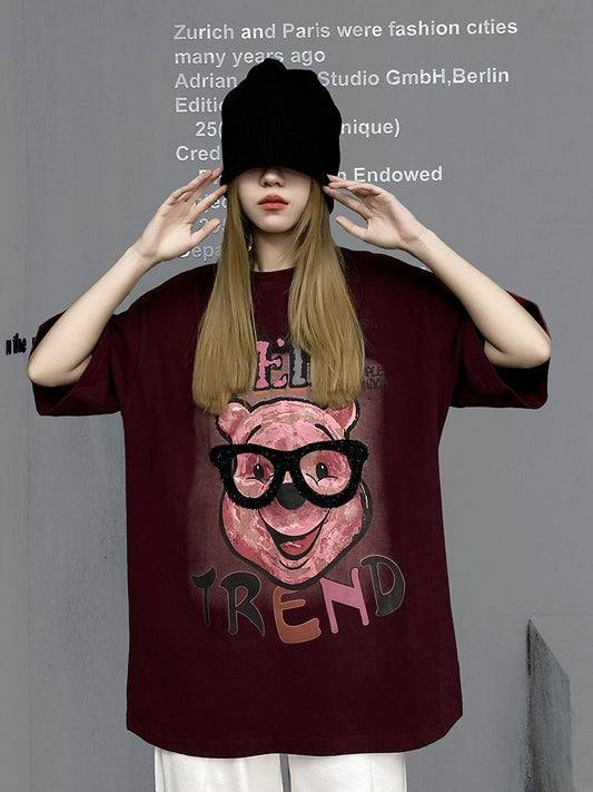 Summer Red Cartoon Casual T-shirt Short sleeved Women's Top