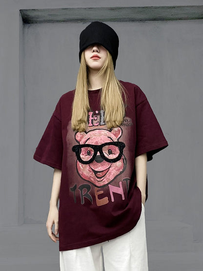 Summer Red Cartoon Casual T-shirt Short sleeved Women's Top