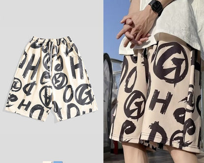 Full Print Letter Shorts Men's Casual Loose Wide Leg Shorts