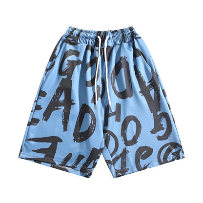 Full Print Letter Shorts Men's Casual Loose Wide Leg Shorts