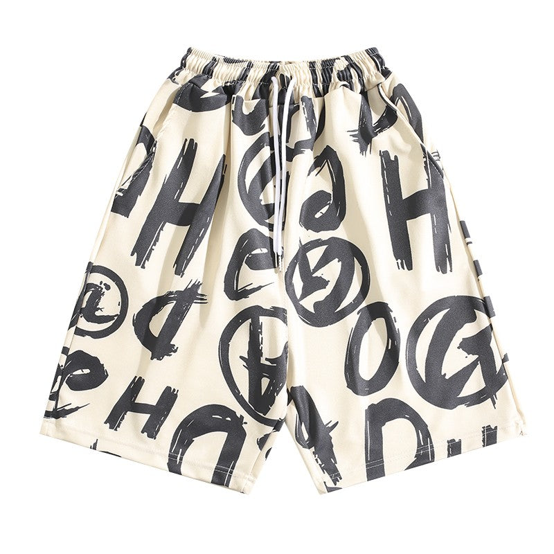 Full Print Letter Shorts Men's Casual Loose Wide Leg Shorts