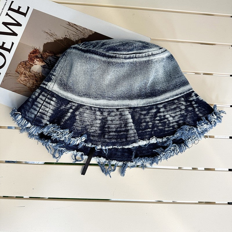 Big eave distressed washed denim fisherman hat