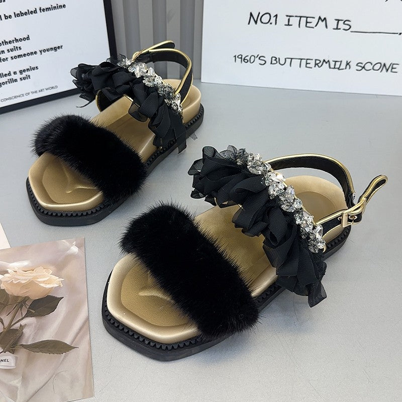 Lace rhinestone mink hair sandals women's summer thick soled shoes