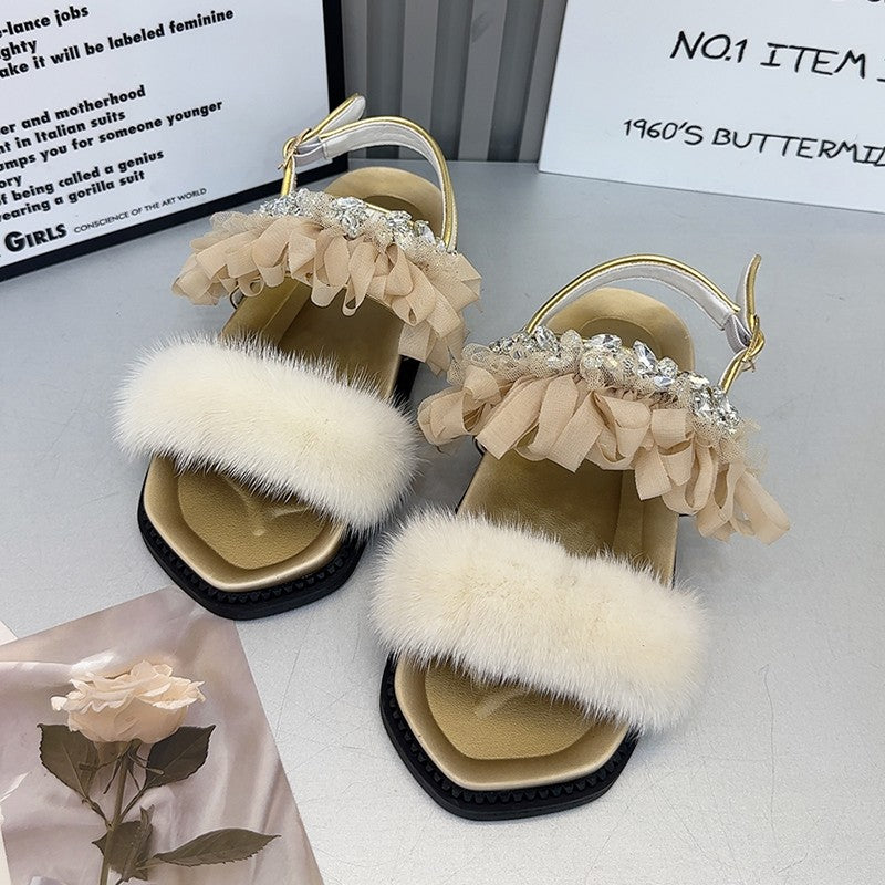 Lace rhinestone mink hair sandals women's summer thick soled shoes