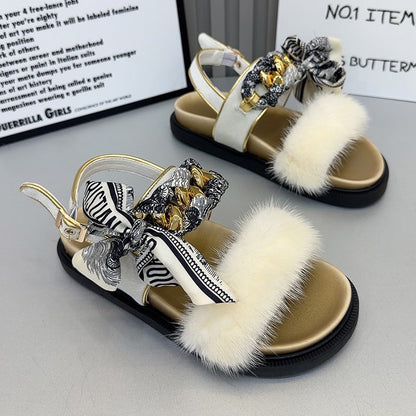 Women summer Silk mink hair sandals seaside vacation Roman shoes