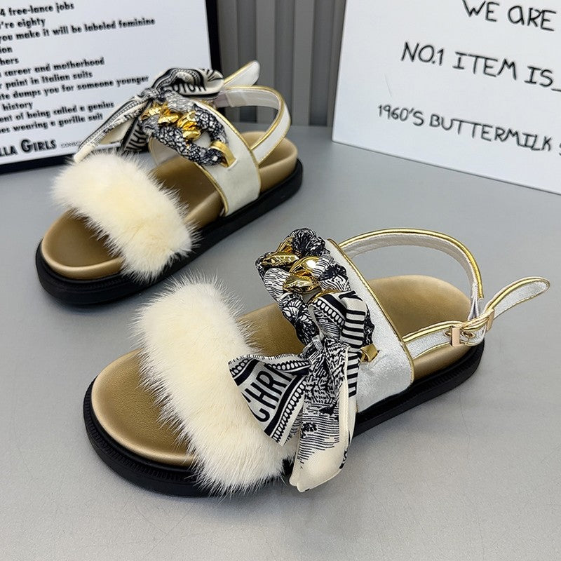 Women summer Silk mink hair sandals seaside vacation Roman shoes