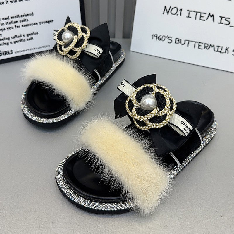 Camellia butterfly knot water diamond mink hair slippers for women summer shoe