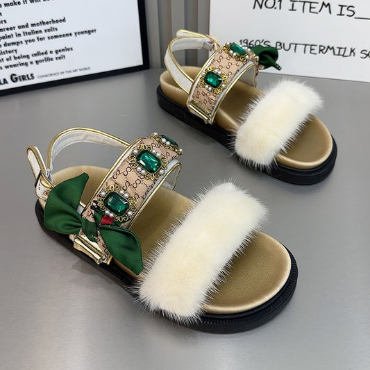 Women sandals silk water diamonds mink hair sandals for women