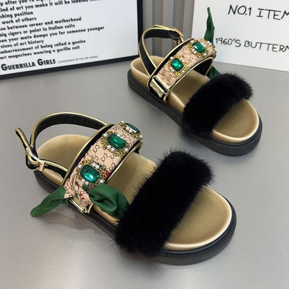 Women sandals silk water diamonds mink hair sandals for women