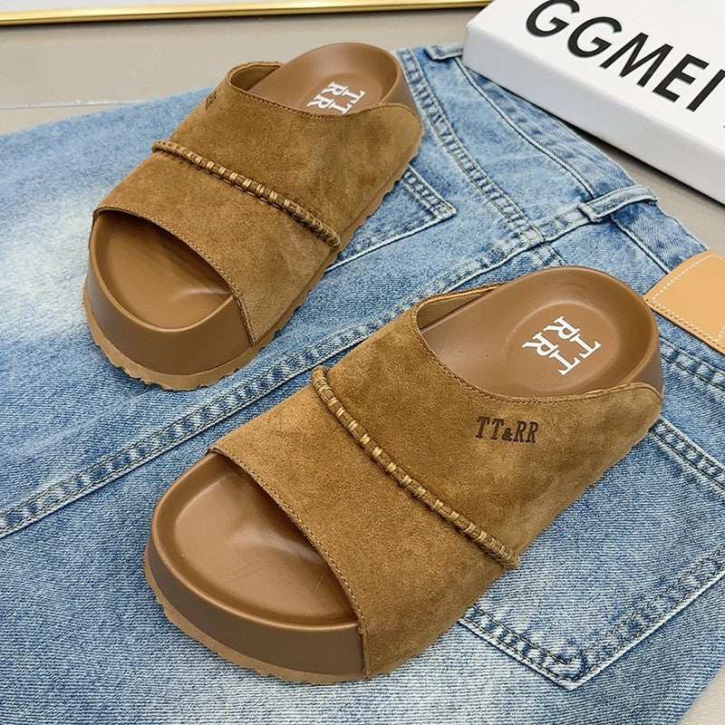 Genuine flip flops leather slippers for women's summer outerwear