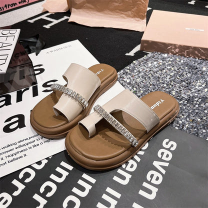 New genuine leather rhinestone toe slippers outdoor wear flat women's shoes