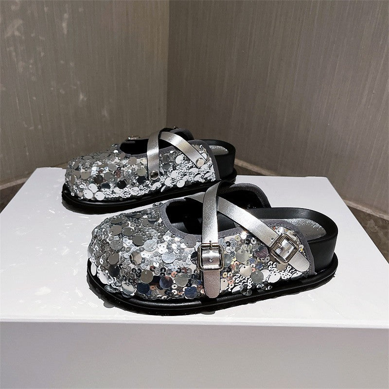 Summer sequin cross strap slippers for women half slippers