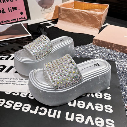 Slippers for women's rhinestone sloping heel shoes