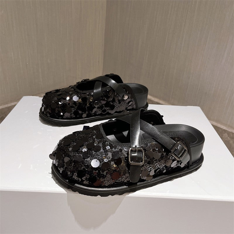 Summer sequin cross strap slippers for women half slippers