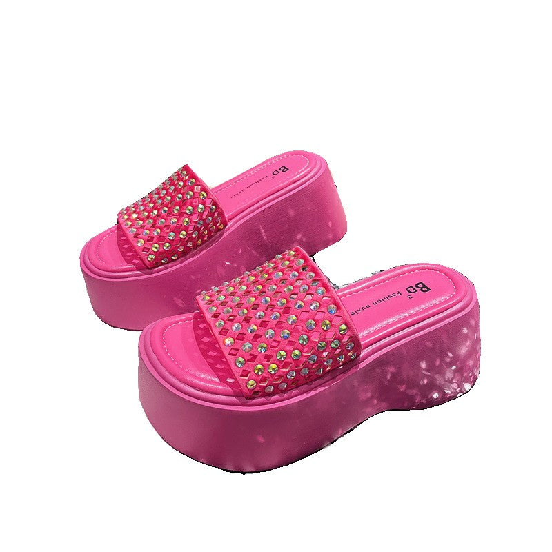 Slippers for women's rhinestone sloping heel shoes