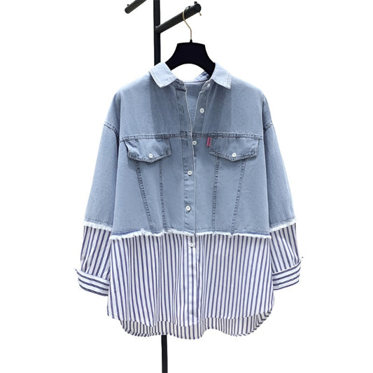 Cutting counter striped denim shirt women's loose top