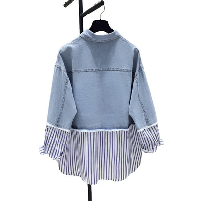 Cutting counter striped denim shirt women's loose top