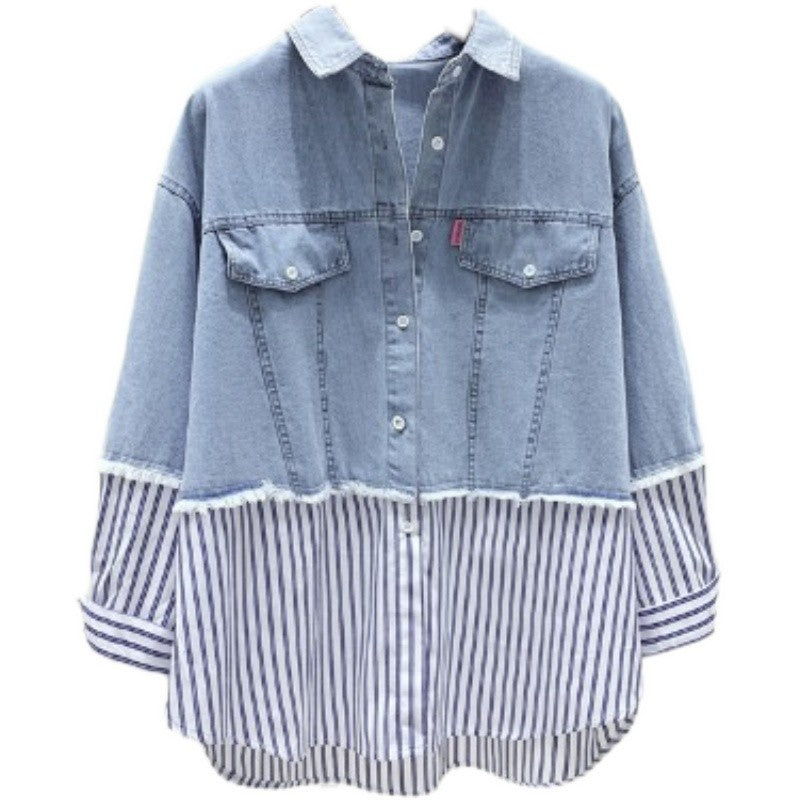 Cutting counter striped denim shirt women's loose top