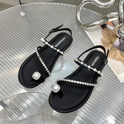 Flache sandalen für frauen sommer neue stil perle strass