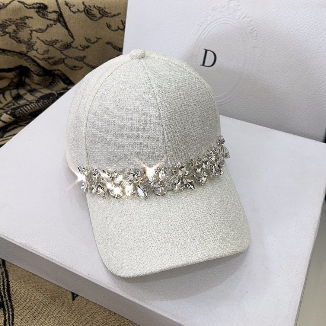 Rhinestone coarse tweed hard top baseball cap