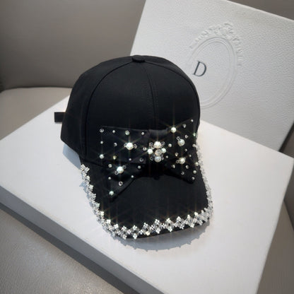 Pearl Bowknot Duckbill Summer Black Trendy Rhinestone Baseball Cap