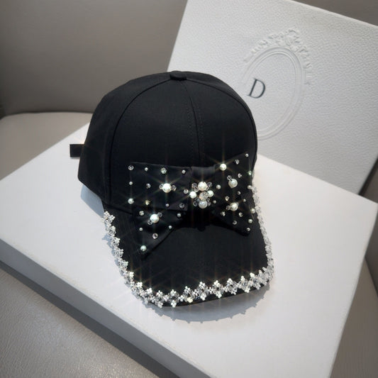 Pearl Bowknot Duckbill Summer Black Trendy Rhinestone Baseball Cap