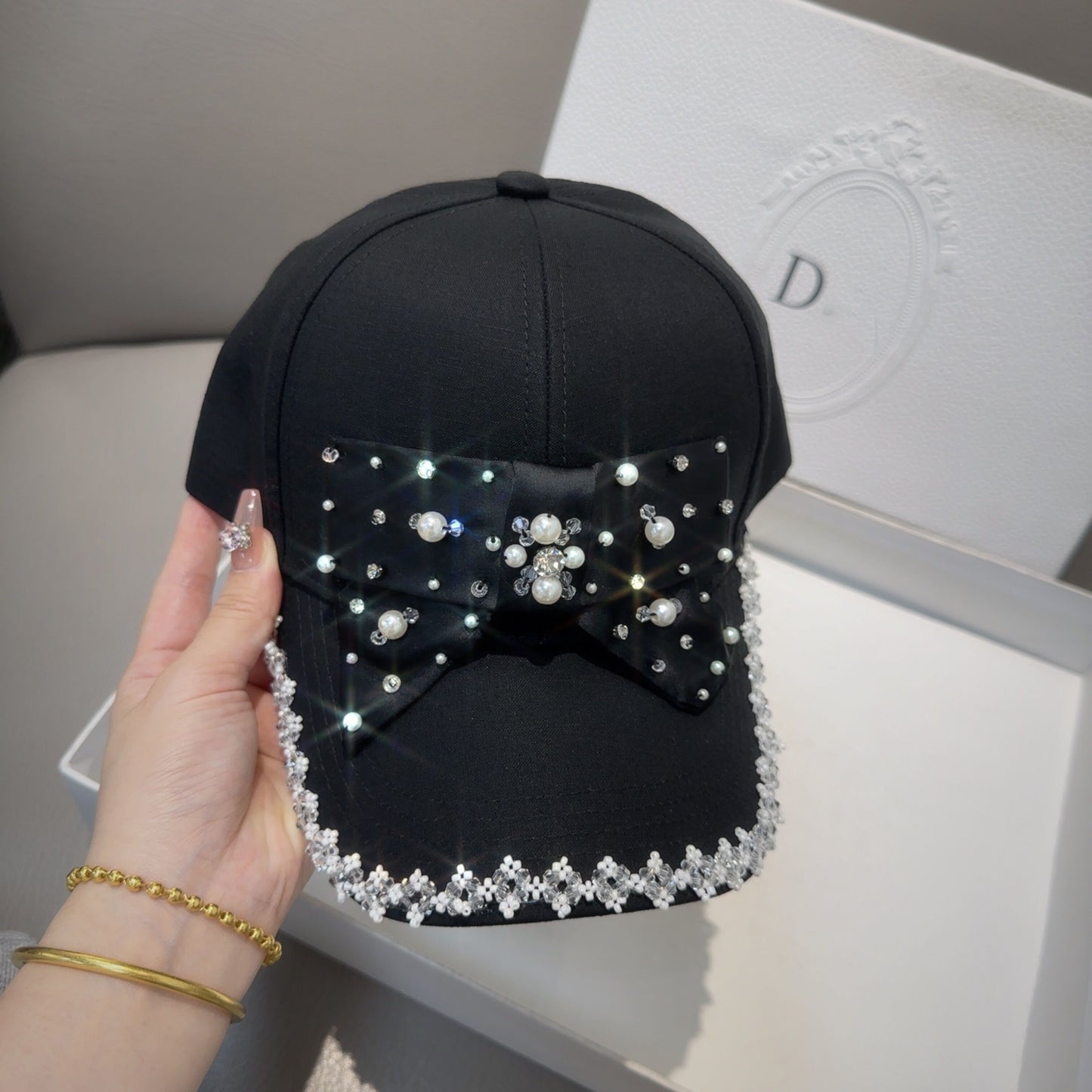 Pearl Bowknot Duckbill Summer Black Trendy Rhinestone Baseball Cap