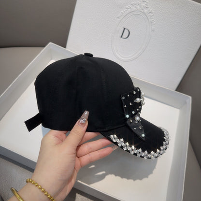 Pearl Bowknot Duckbill Summer Black Trendy Rhinestone Baseball Cap