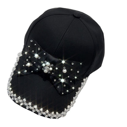 Pearl Bowknot Duckbill Summer Black Trendy Rhinestone Baseball Cap