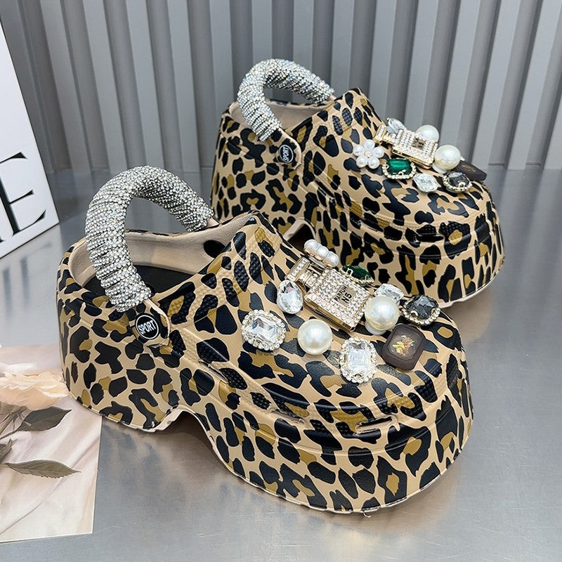 Leopard print heavy rhinestone platform thick-soled sandals for women outerwear super high heels