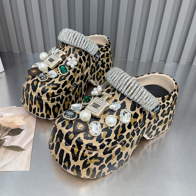 Leopard print heavy rhinestone platform thick-soled sandals for women outerwear super high heels