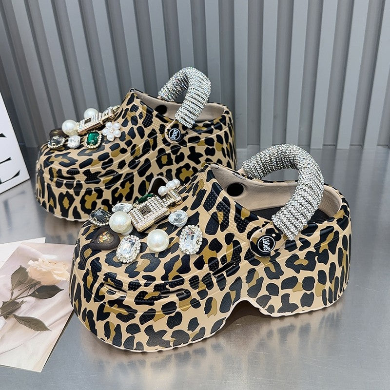 Leopard print heavy rhinestone platform thick-soled sandals for women outerwear super high heels