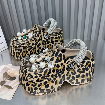 Leopard print heavy rhinestone platform thick-soled sandals for women outerwear super high heels