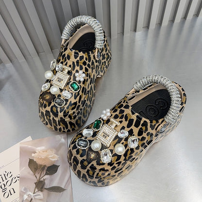 Leopard print heavy rhinestone platform thick-soled sandals for women outerwear super high heels