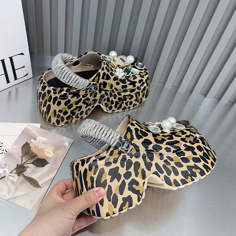 Leopard print heavy rhinestone platform thick-soled sandals for women outerwear super high heels