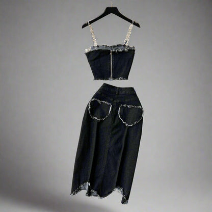 Sweet and spicy raw edge denim slit high waist skirt two piece