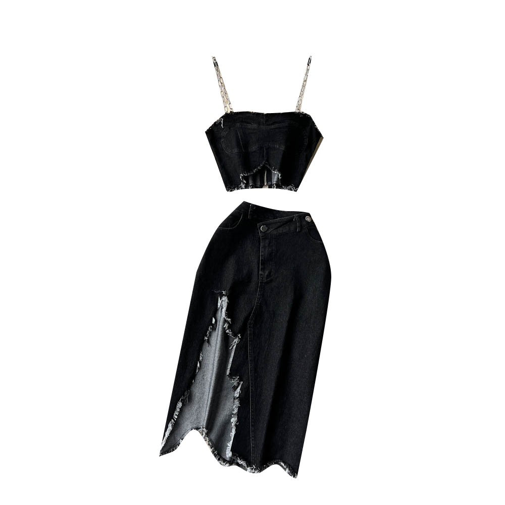 Sweet and spicy raw edge denim slit high waist skirt two piece