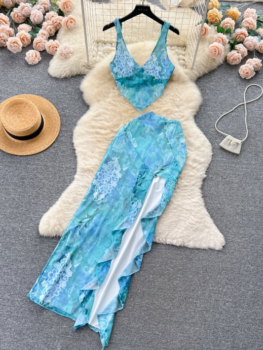 Beach Vacation Floral Hot Girl Suit Women's Summer Suspender Tube Top Vest + High Waist Ruffled Slit Maxi Skirt