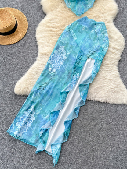 Beach Vacation Floral Hot Girl Suit Women's Summer Suspender Tube Top Vest + High Waist Ruffled Slit Maxi Skirt