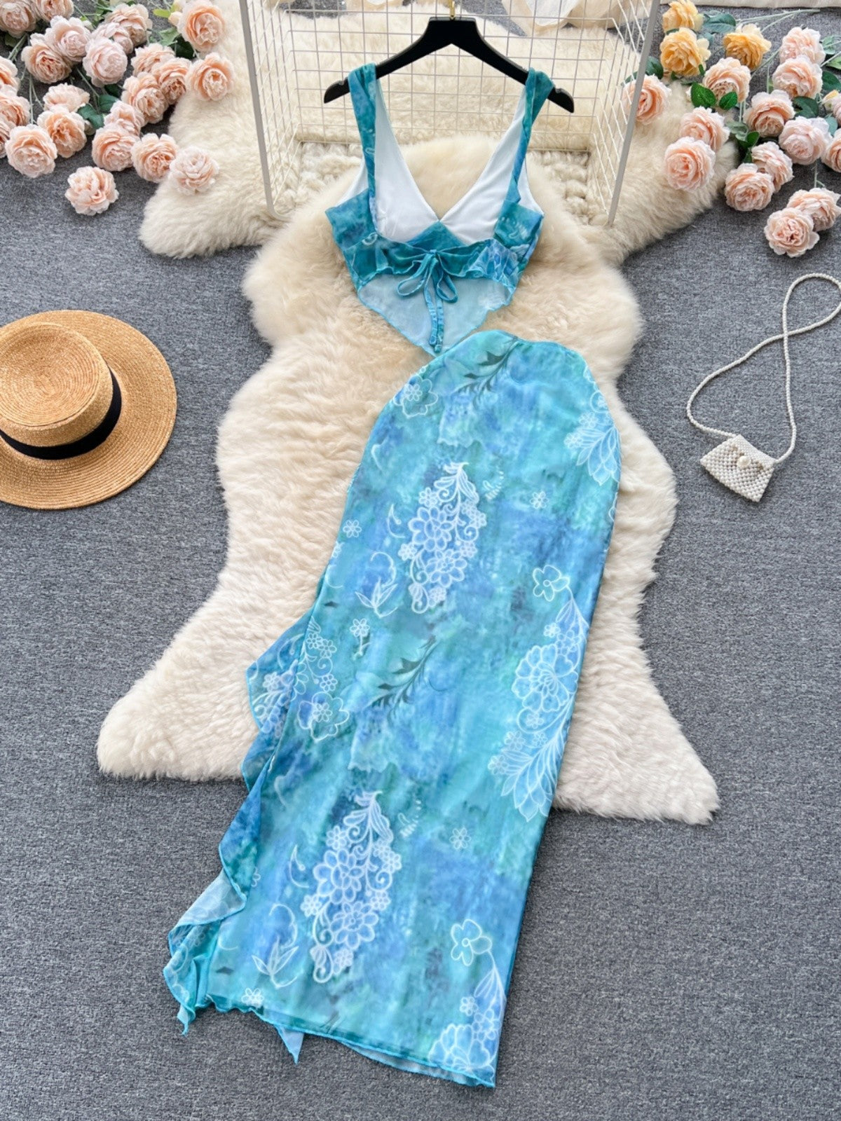 Beach Vacation Floral Hot Girl Suit Women's Summer Suspender Tube Top Vest + High Waist Ruffled Slit Maxi Skirt