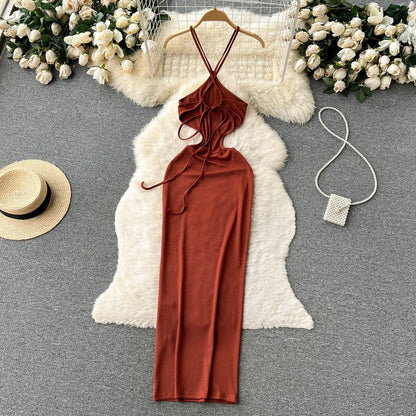 Light mature high-grade slim sling halter neck long dress